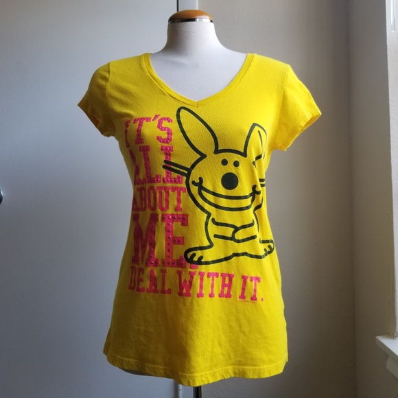 Happy Bunny Tops - Happy Bunny Shirt Yellow Pink Large Juniors